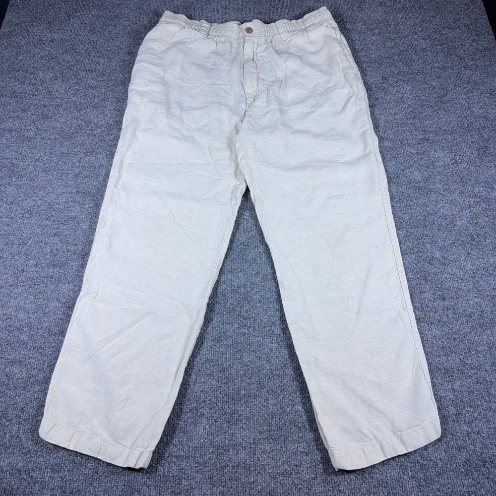 Caribbean Mens 38x30 Linen Pants Cream Off White Elastic Waist Summer Beach